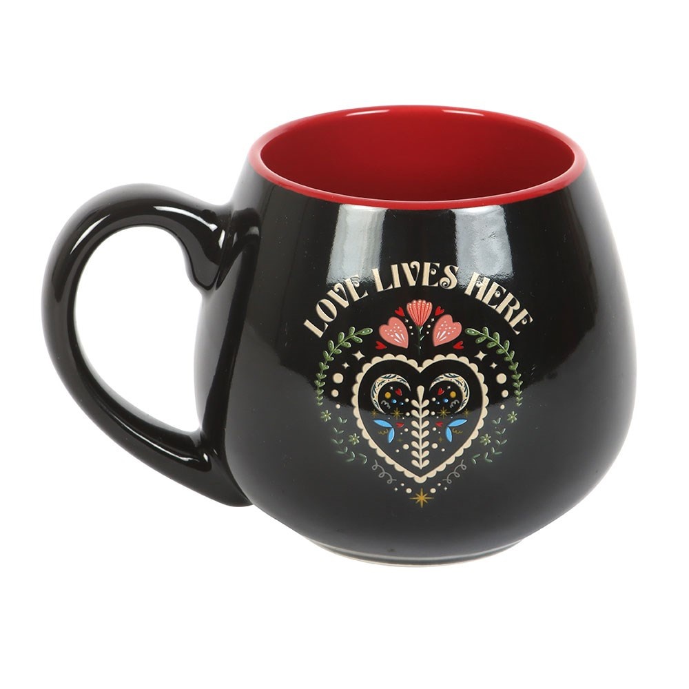 Something Different - Love Lives Here Folk Heart Rounded Mug - Multicolours